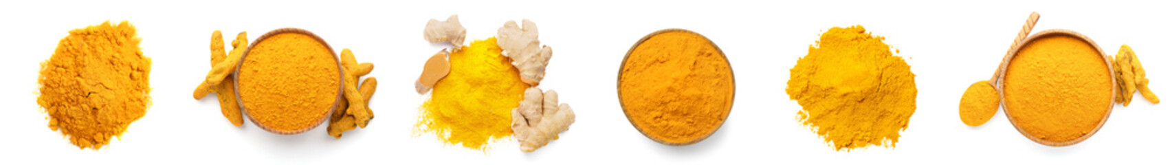 Set of aromatic turmeric powder on white background, top view