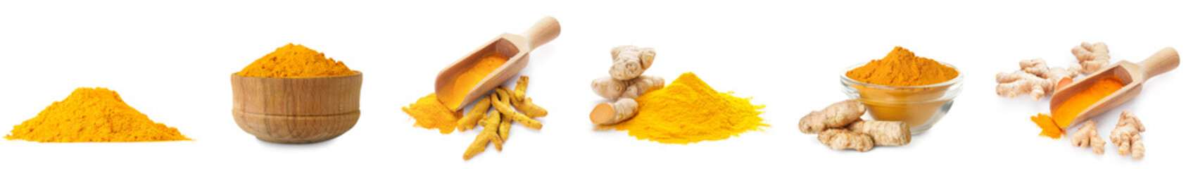 Set of aromatic turmeric powder and roots on white background
