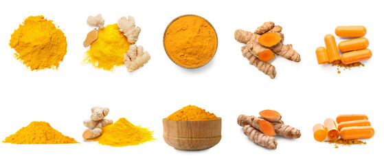 Set of aromatic turmeric powder and pills on white background
