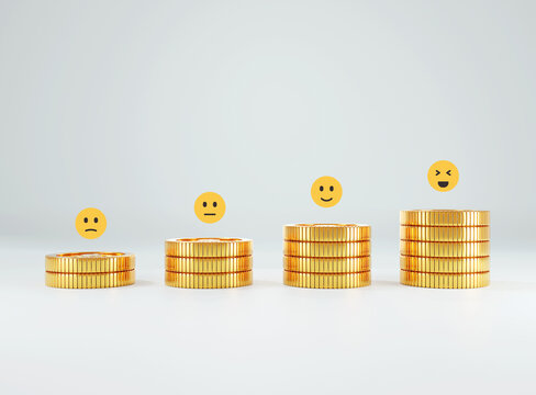 3D coins stack on white background. Saving money and investment with concept stack of golden coins and emoji icons. 3D rendering.