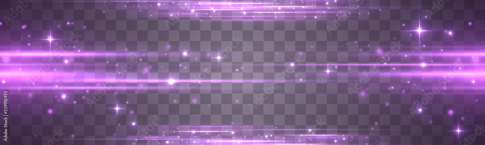 Poster purple soft horizontal neon lines. set of abstract lens flares. flash purple line motion. laser spar