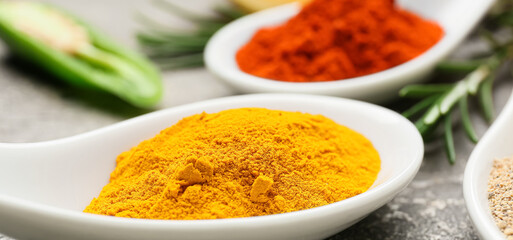Spoon with turmeric powder, closeup