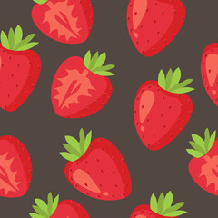 Seamless pattern with kawaii fruits. Cheerful design for kids clothes with cute strawberry characters and sliced strawberry on pink background,