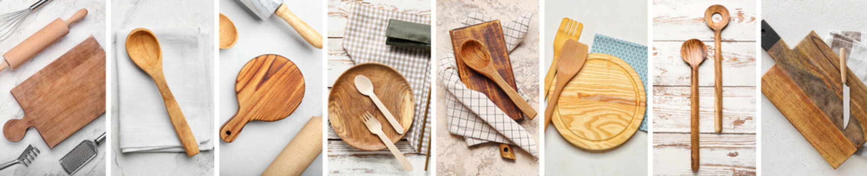 Set of eco wooden kitchen supplies on light background