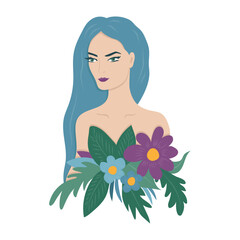 Beautiful young girl with blue hair and a bouquet of flowers