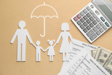 Figure of family with calculator, dollar banknotes and health insurance forms on color background