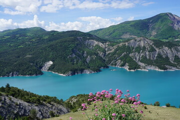 panoramic view with pink spring flowers from the mountains of Serre Pon&ccedil;on lake in the Southern Alps, France 