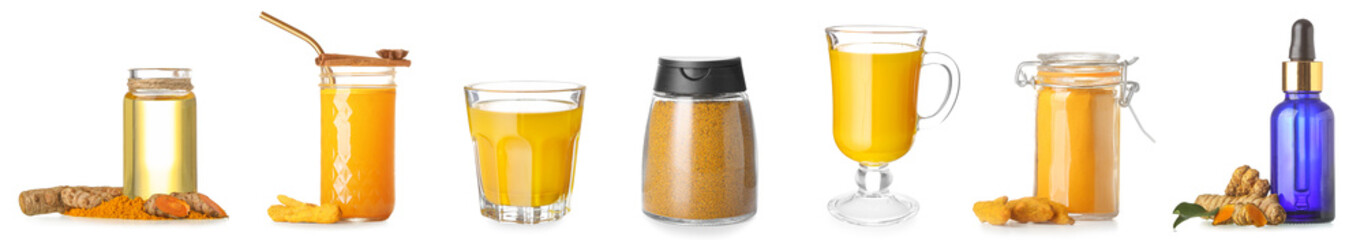 Set of healthy turmeric with pills, essential oil and drinks on white background