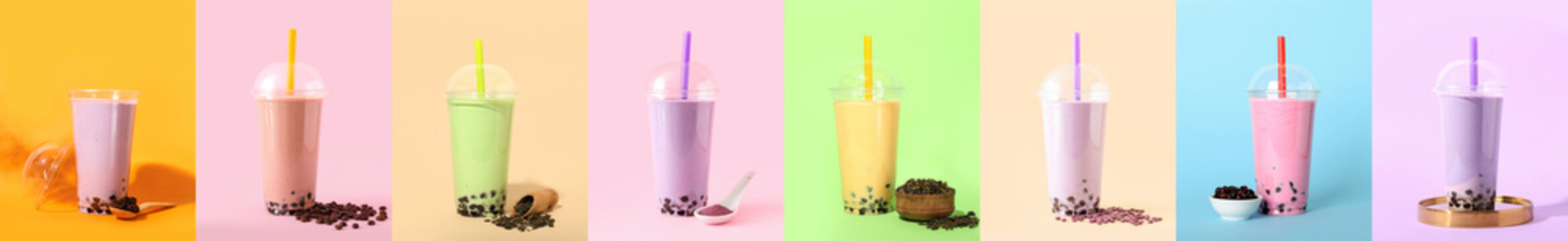 Collage of tasty bubble tea in plastic cups on color background