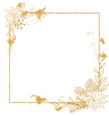 Fototapeta premium Gold frame Christmas with flowers, Glittery gold Christmas background 