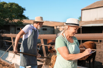 Female mature worker near paddock with cows on farm