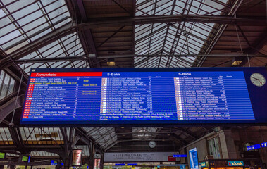Zurich, Switzerland - October 1, 2022: Train timetable board at Zurich train station