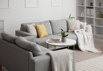 Interior of light living room with grey sofas and table