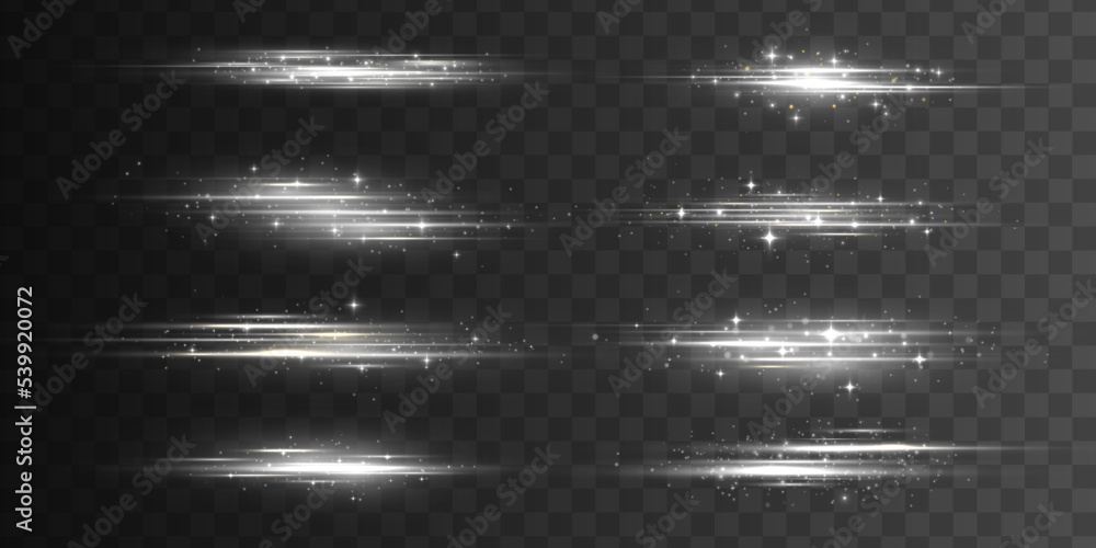 Poster white soft horizontal neon lines. set of abstract lens flares. flash line motion. laser sparkle beam