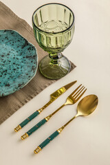 Trendy table setting on white background