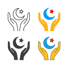 Icon of hands holding crescent moon. Vector illustration.