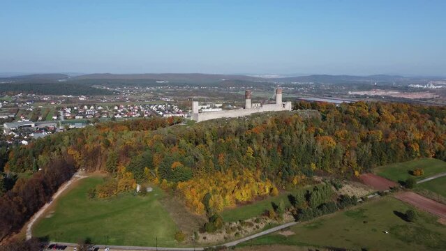 Castle in Checiny filmed from above overlooking the city of Checiny, Poland.