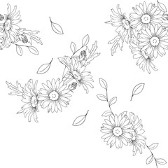 花の手描きモノクロ線画　シームレスパターン