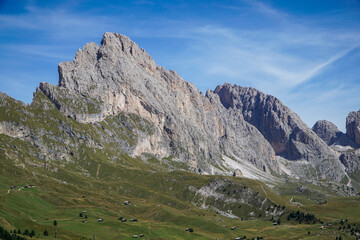 Fototapeta na wymiar Perfect day for hiking: wonderful and steep mountain in the dolomites. Fermeda in Puez Geisler Nature Park in Alto Adige, Gardena Valley, Italy