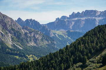 Fototapeta premium Amazing view to distinctive mountain Sella Group in the Dolomites: Famous mountain ridge in south tyrol, gardena valley, italy. View from Pued Odles Nature Park