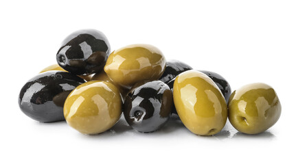 Heap of tasty black and green olives on white background
