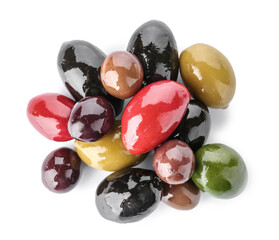 Heap of different tasty olives on white background