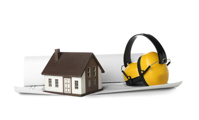 Hearing protectors with house figure and plan on white background