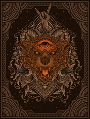 illustration wolf head mandala style with engraving ornament