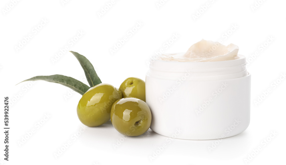 Wall mural jar of natural olive cream on white background - Wall murals