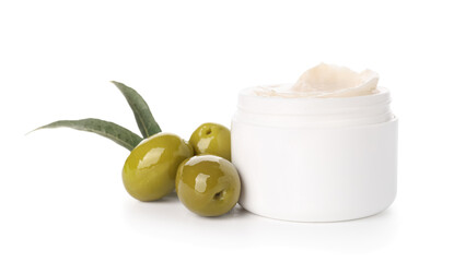 Jar of natural olive cream on white background