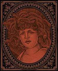 Illustration medusa head with engraving ornament frame
