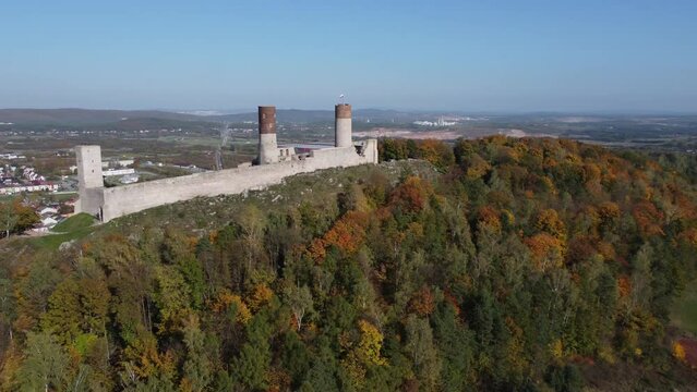 Castle in Checiny filmed from above overlooking the city of Checiny, Poland.