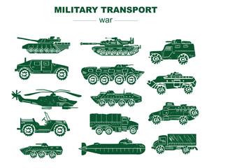 Army vehicles and war equipment, military transport engraving, ink style vector set. Military tank, plane, submarine and helicopter, army artillery, combat weapon and wartime ammunition technics