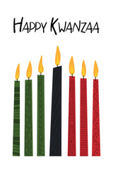 Happy Kwanzaa greeting card with seven long kinara candles - red, black, green decorated with different tribal geometric ornaments. Cute simple vertical poster for African American Kwanzaa celebration