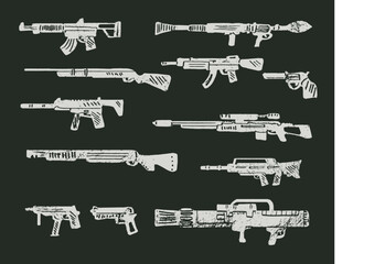 Obraz na płótnie Canvas Weapons engraving, ink style set. Collection of various realistic firearms. Isolated assult rifles, sniper rifles, shotguns, handguns, machine guns, historical guns and other. Vector illustration.