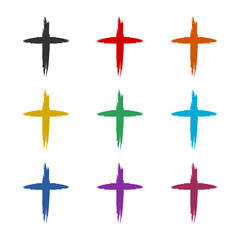 Hand drawn christian cross icon isolated on white background. Set icons colorful