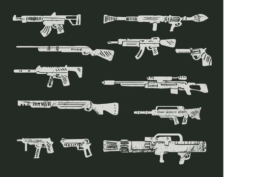 Weapons engraving, ink style set. Collection of various realistic firearms. Isolated assult rifles, sniper rifles, shotguns, handguns, machine guns, historical guns and other. Vector illustration.