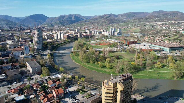 Aerial view of the city of Zenica and mountain landscape in Bosnia and Herzegovina