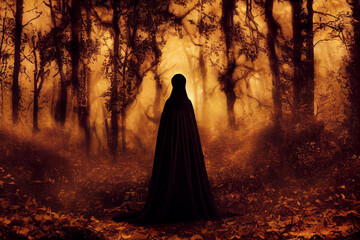 Witch woman in black dress with hood in a dark autumn forest, Halloween theme