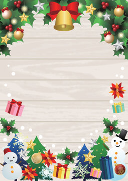 白横木目とクリスマス素材フレームの背景タテ
