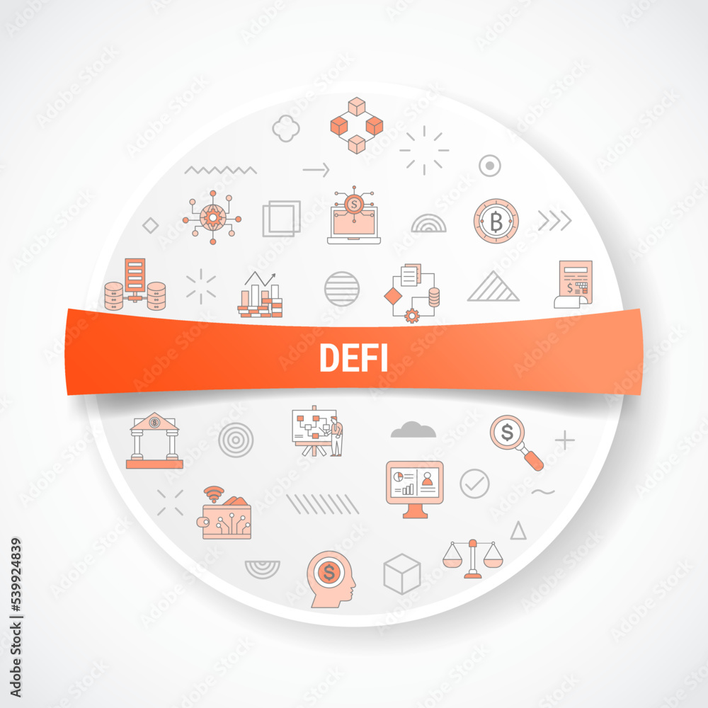 Poster defi decentralized finance concept with icon concept with round or circle shape for badge