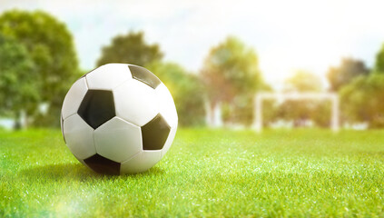 Fototapeta na wymiar Classic soccer ball on the grass of an amateur field