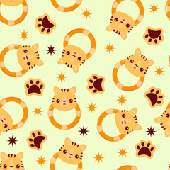 Seamless pattern with animals on a yellow background. A pattern with a baby rattle in the form of a tiger. Kawaii animals