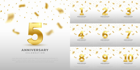 Set of 1st-10th anniversary celebration emblem with gold glitter color and white background. Vector design for celebrations, invitation cards and greeting cards.