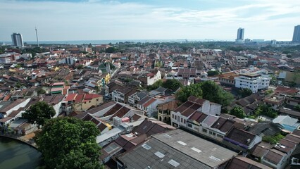 Malacca, Malaysia - October 16, 2022: Aerial View of the Malacca River Cruise