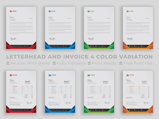 Multipurpose corporate businesses letterhead and invoice template with a4 size. creative corporate modern letterhead and invoice design template set with blue, green, red, and yellow colors.