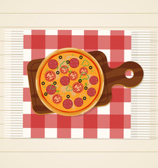 Pizza on wooden board. Tasty and fresh Italian fast food. Flat vector illustration.