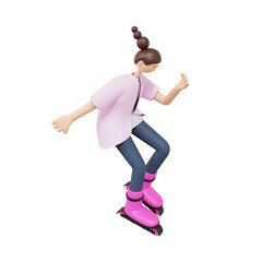 3D Girl wearing casual clothes playing roller skate