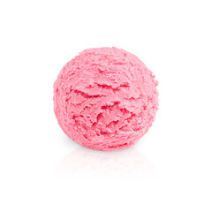 Single scoop of cold sweet homemade ice cream or organic sorbet of pink color of berry, raspberry or strawberry flavour isolated on white background used as refreshing frozen dessert in summer - obrazy, fototapety, plakaty