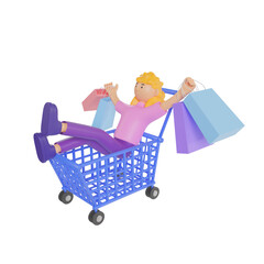 3D Girl holding shopping bags while sitting on the shopping cart